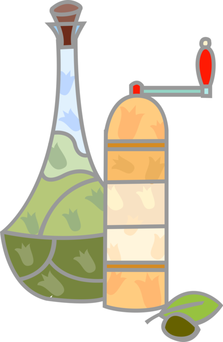 Vector Illustration of Virgin Olive Oil Salad Oil and Pepper Grinder Peppermill