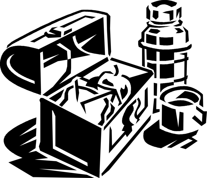 Vector Illustration of Lunchbox with Lunch Snack Sandwich, Apple, and Thermos Beverage Cup
