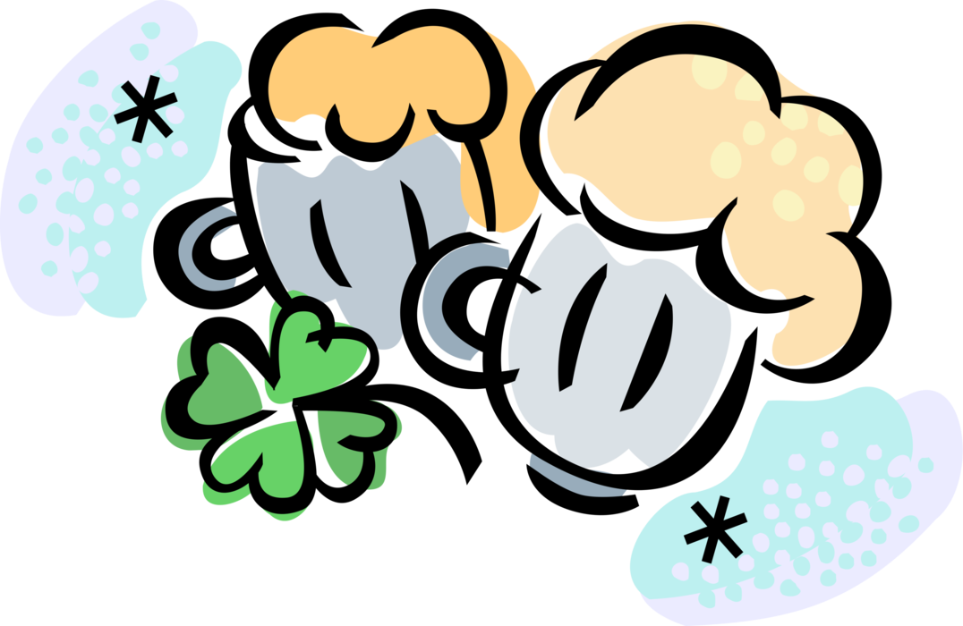 Vector Illustration of Beer Fermented Malt Barley Alcohol Beverage in Mugs on St. Patrick's Day