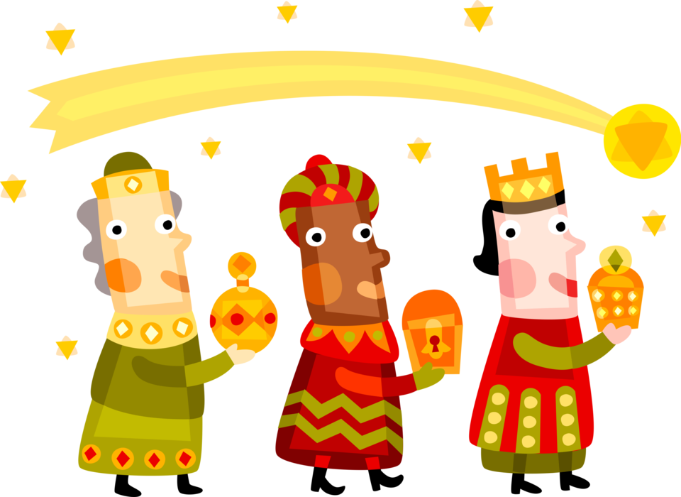 Vector Illustration of Magi Three Wise Men Bearing Gifts of Gold, Frankincense and Myrrh with Star of Bethlehem