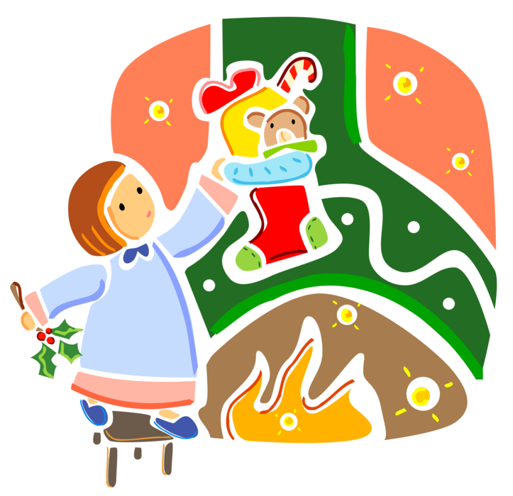 Vector Illustration of Festive Season Christmas Morning Young Child Discovers Gifts and Candy Can in Stocking Over Fireplace Hearth