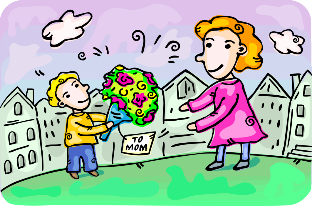 Vector Illustration of Loving Child Delivers Mother's Day Flower Bouquet to Mom