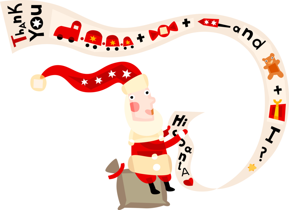 Vector Illustration of Santa Claus, Saint Nicholas, Saint Nick, Father Christmas, Reads Children's Wish List