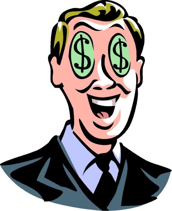 Vector Illustration of Businessman with Cash Money Dollar Signs in Eyes
