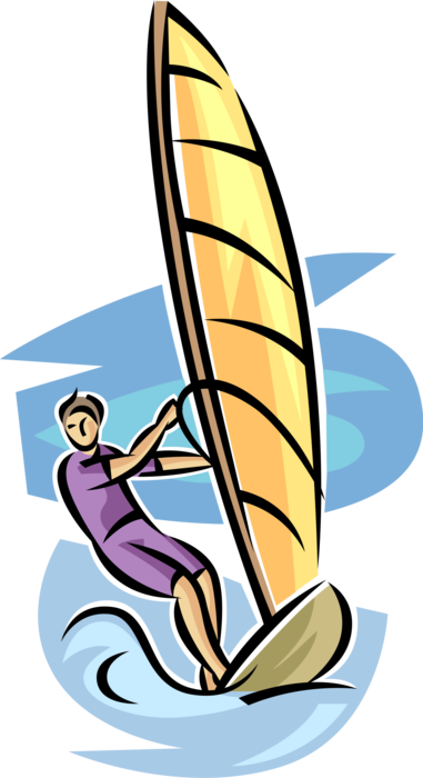 Vector Illustration of Windsurfer on Sailboard Windsurfing on Water