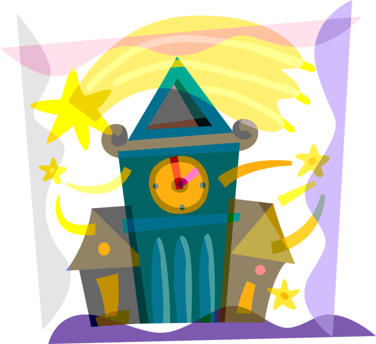 Vector Illustration of Clock Tower Building with Shooting Star