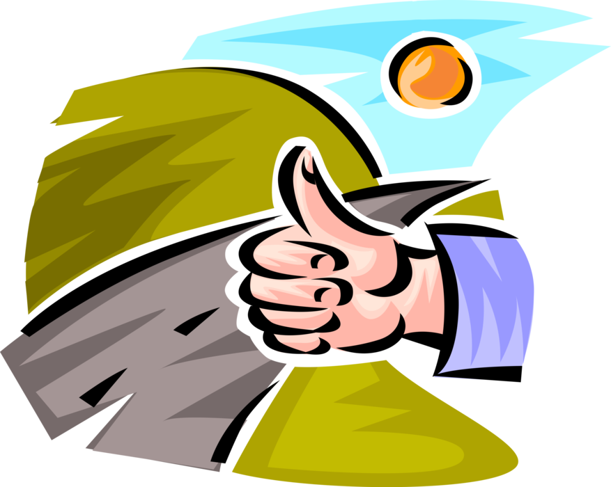 Vector Illustration of Wandering Hitchhiker Thumbing or Hitching Ride on Interstate Highway with Thumbs-Up