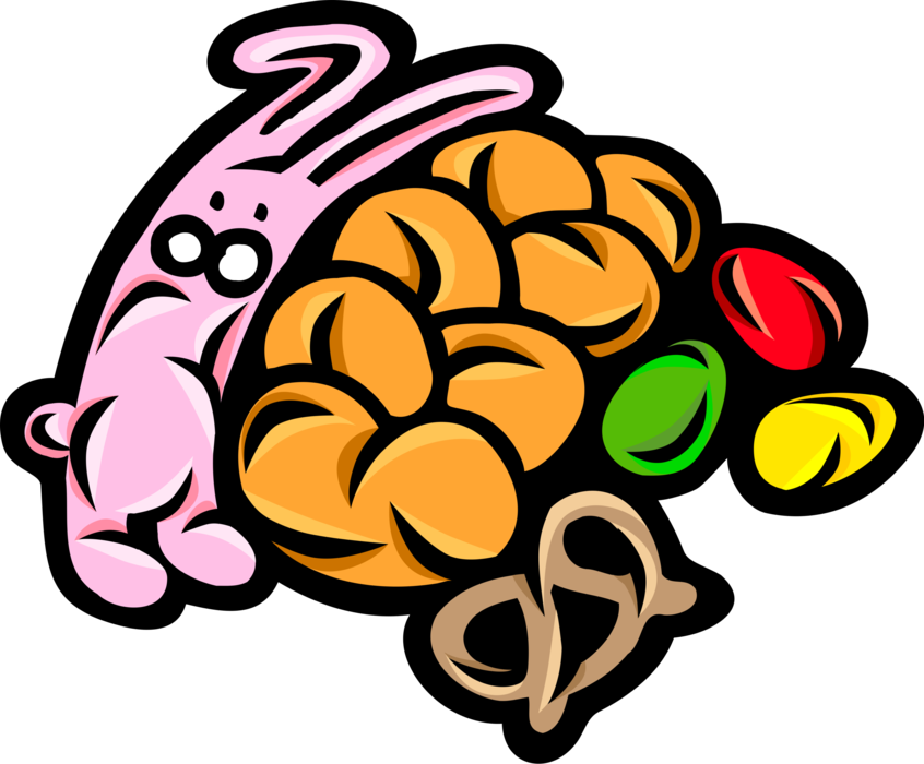 Vector Illustration of Easter Bunny, Easter Eggs and Baked Loaf of Bread Celebrate Resurrection of Jesus Christ