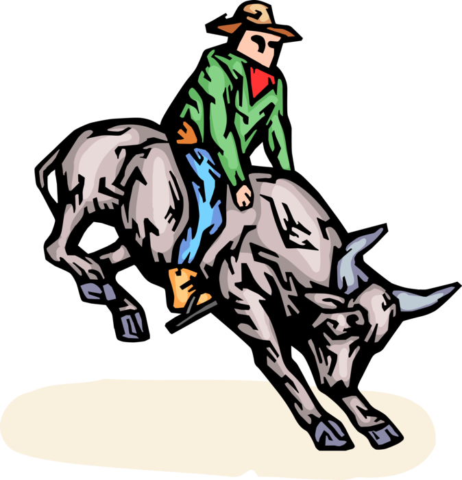 Vector Illustration of Rodeo Cowboy Rides Bronco Bull in Competition