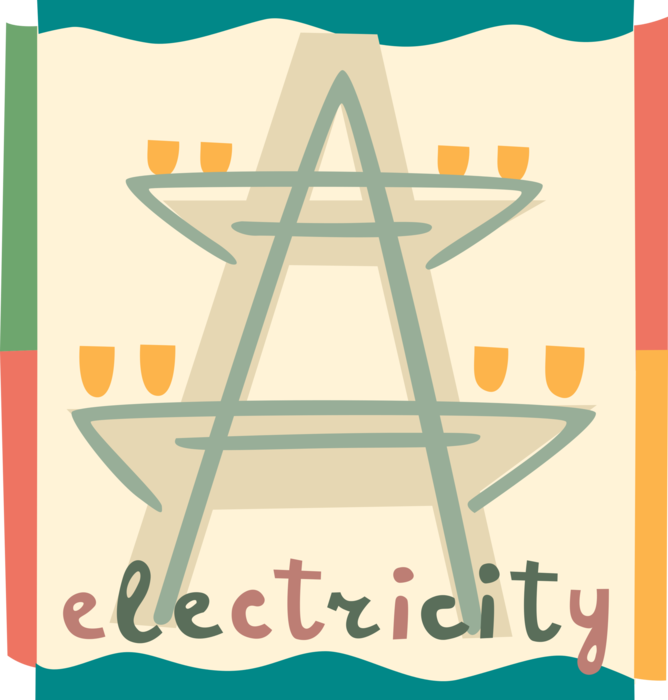 Vector Illustration of Transmission Tower Carries Electrical Power Lines to Distribute Electricity