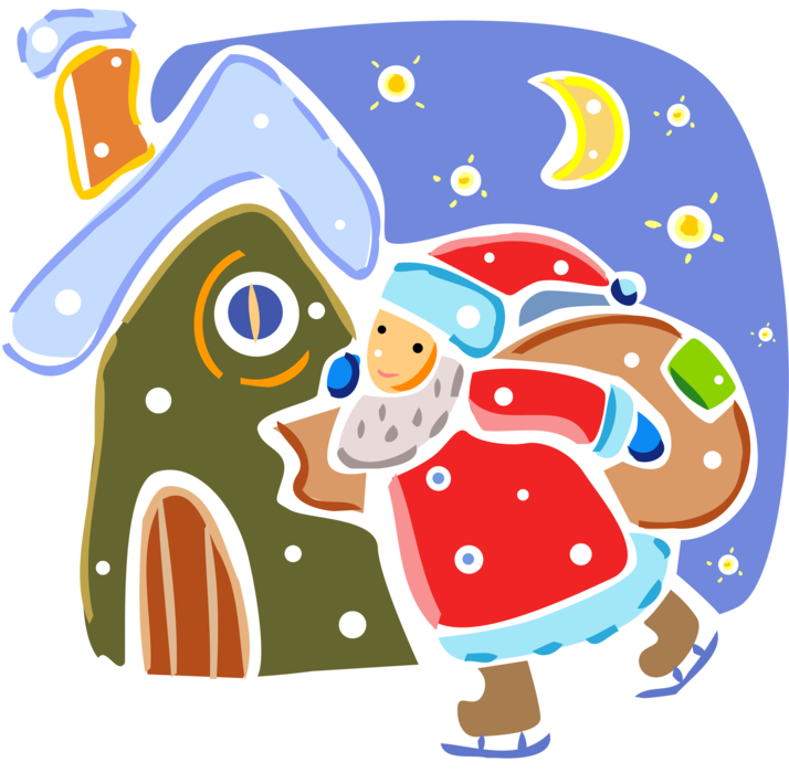Vector Illustration of Santa Claus on Ice Skates Delivers Christmas Gifts and Presents to Family Residence House