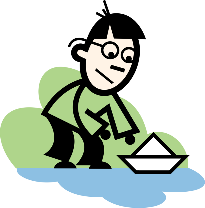 Vector Illustration of Boy Sails Toy Paper Sailing Watercraft Vessel Boat