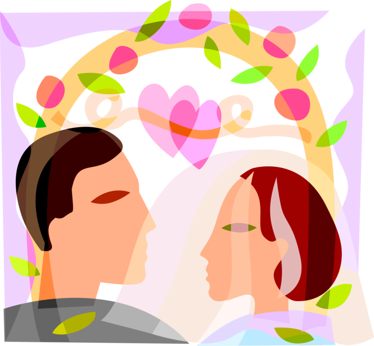 Vector Illustration of Bride and Groom Exchange Marriage Vows at Wedding Chapel with Love Hearts and Flowers