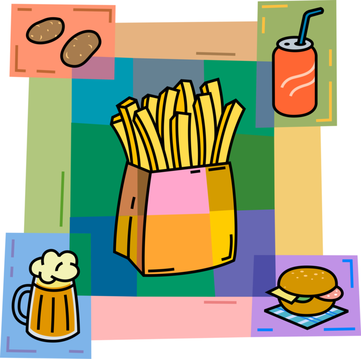 Vector Illustration of Fast Food French Fries with Hamburger, Beer Mug, and Soft Drink Soda Pop in Can