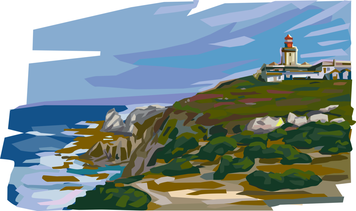 Vector Illustration of Cabo Da Roca Lighthouse and Sea Coast, Sintra, Portugal