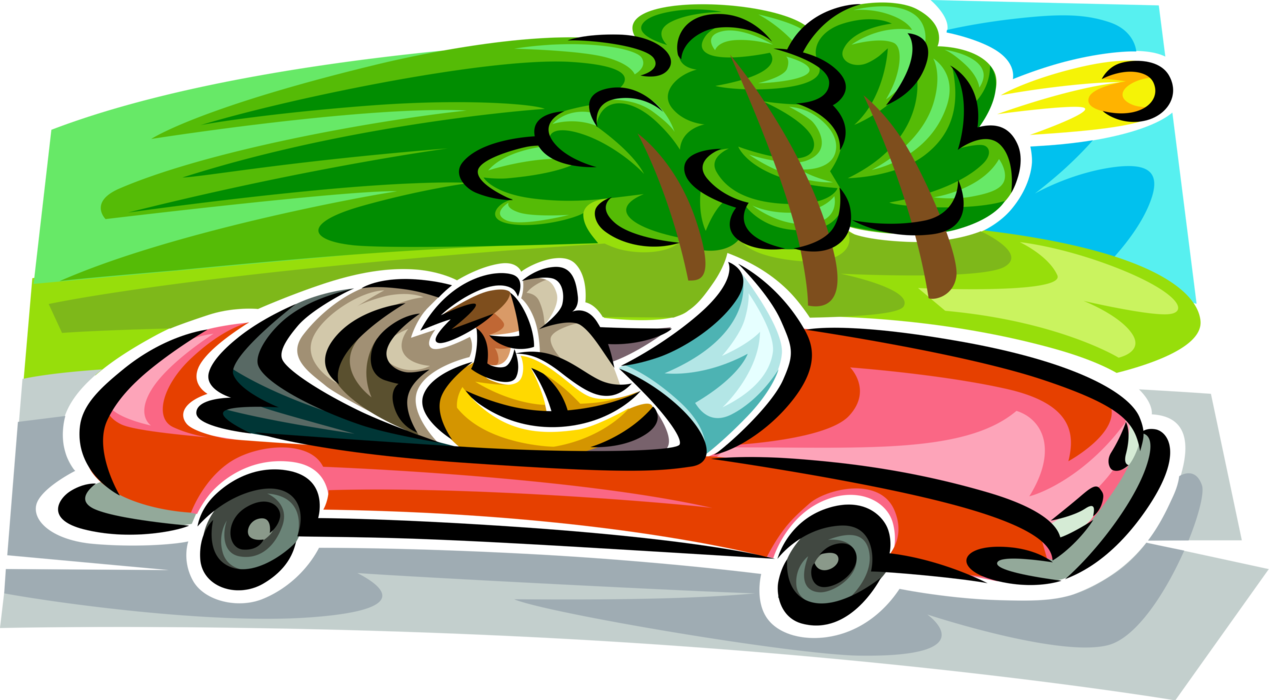 Vector Illustration of Convertible Automobile Motor Vehicle Car Cruising Road in Countryside