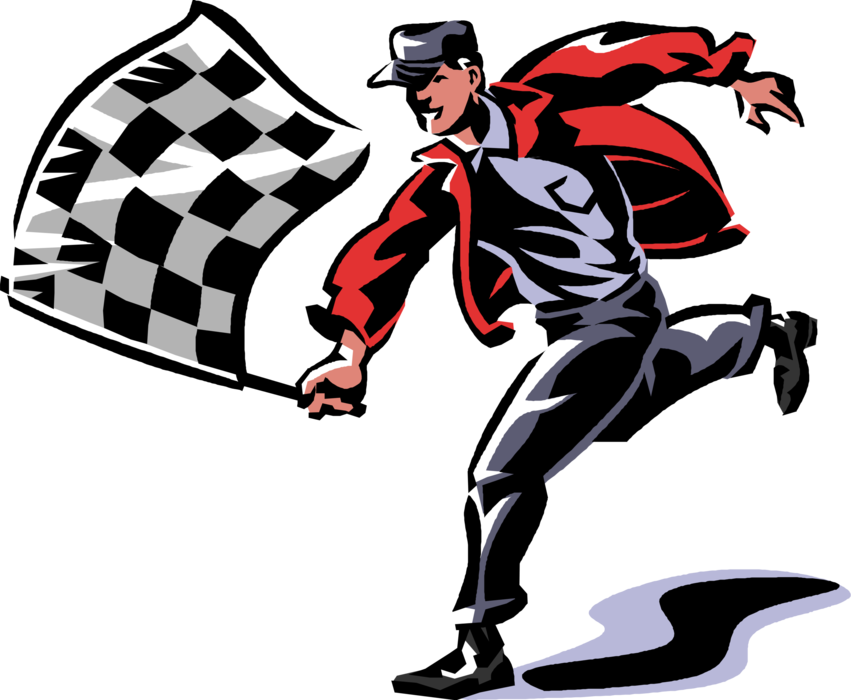 Vector Illustration of Motor Race Track Official with Racing Checkered or Chequered Flag at Finish Line