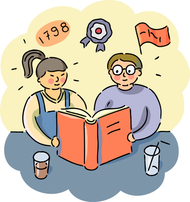 Vector Illustration of Students Study History Lesson with Textbook in School Classroom