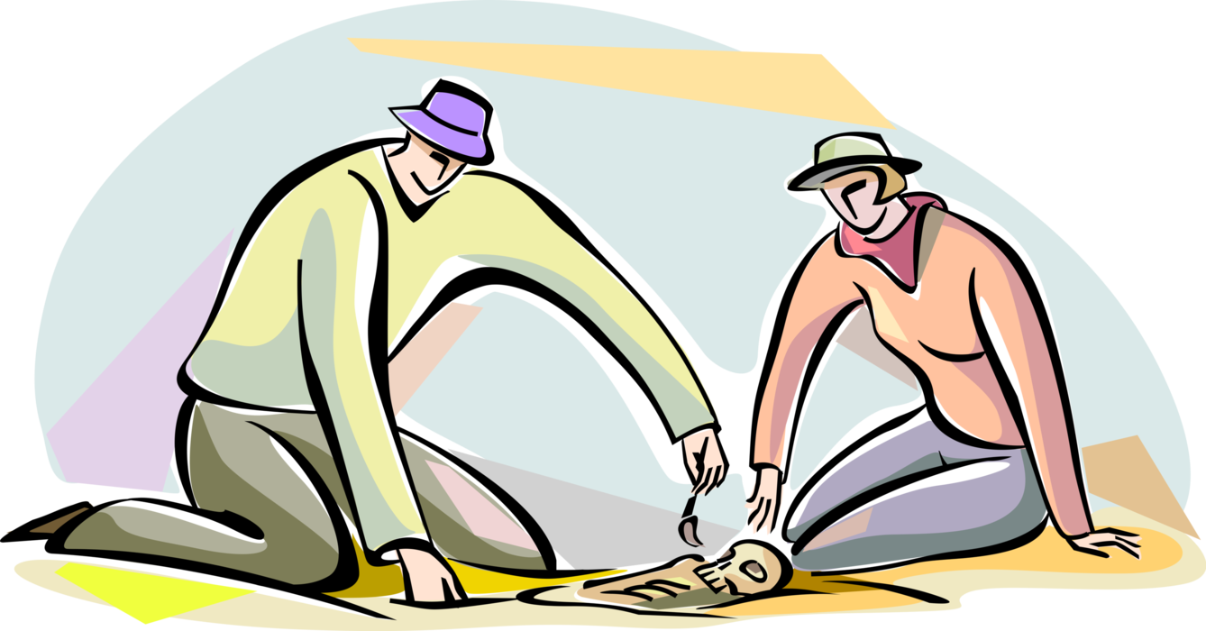 Vector Illustration of Archaeological Dig with Archeologists Discovering Ancient Human Skeletal Remains