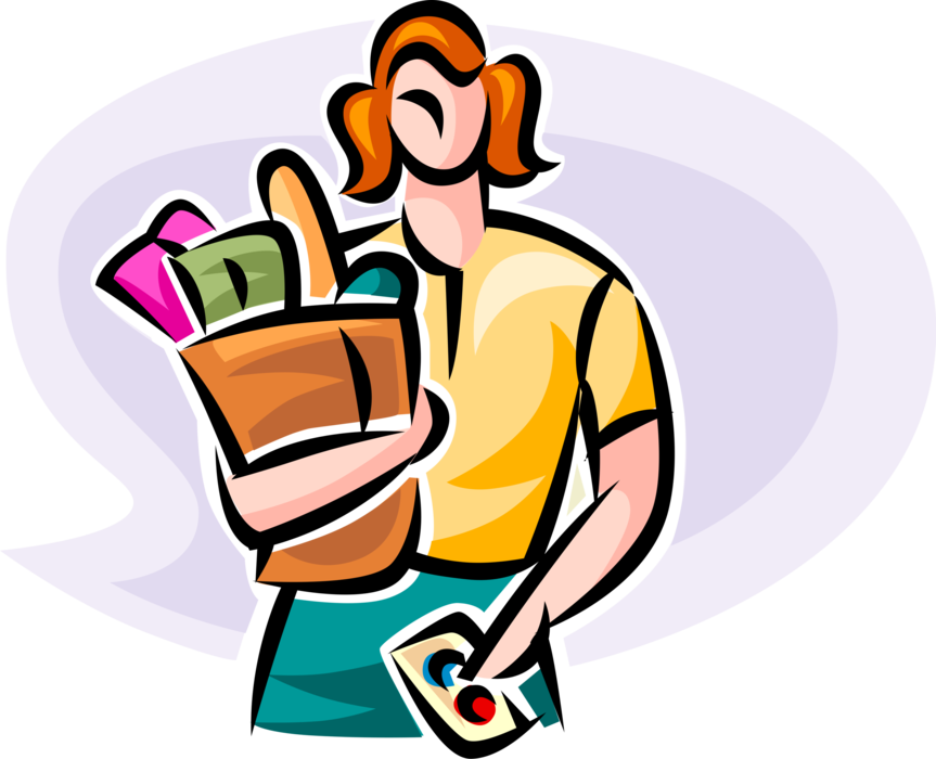 Vector Illustration of Supermarket Grocery Shopper with Bag of Food Groceries and Credit Card Payment