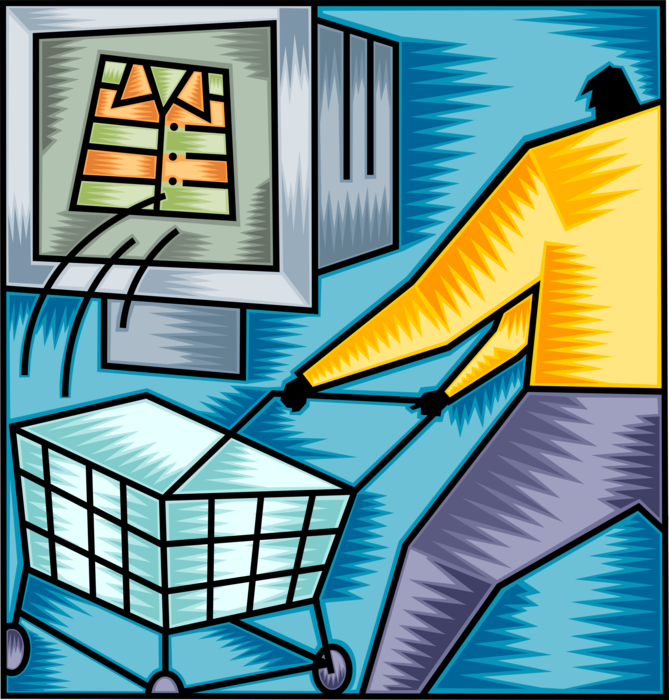 Vector Illustration of Businessman Purchases Clothing Garments with Online Internet Shopping Cart Purchase Transaction