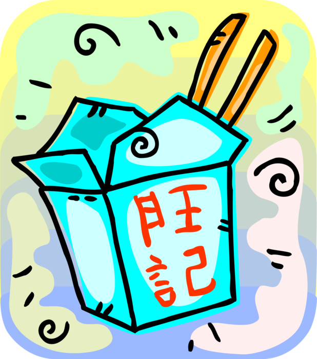 Vector Illustration of Chinese Cuisine Food Fried Rice in Cardboard Takeout Box with Chopsticks