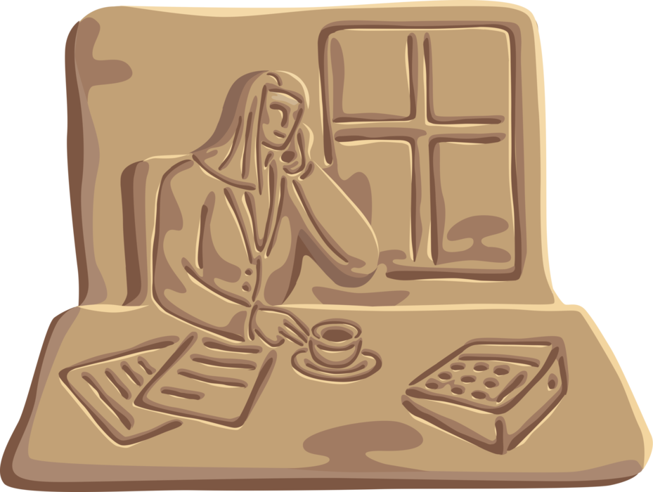 Vector Illustration of Businesswoman Works at Office Desk in Telephone Conversation with Cup of Coffee