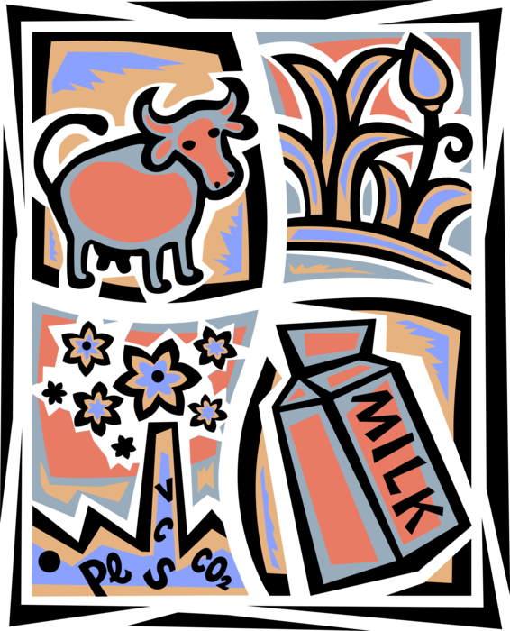 Vector Illustration of Impact of Industrial Pollutants on Dairy Industry Milk Production with Cow, Farm Feed Crop, Factory