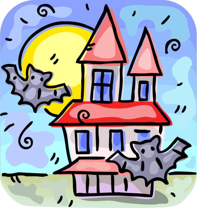 Vector Illustration of Halloween Haunted House with Vampire Bats Flying and Full Moon