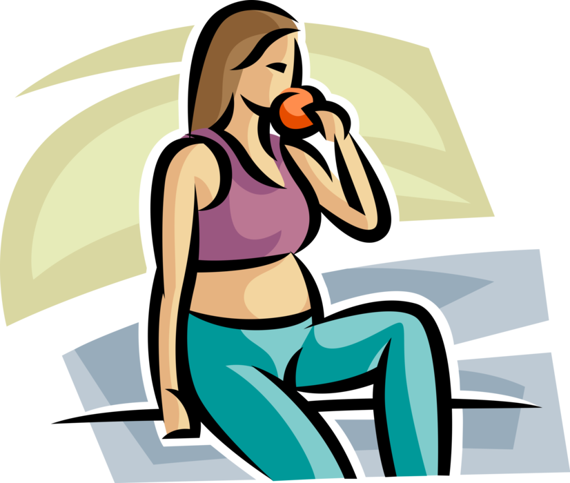 Vector Illustration of Pregnant Expectant Mother Eats Healthy with Citrus Orange Fruit