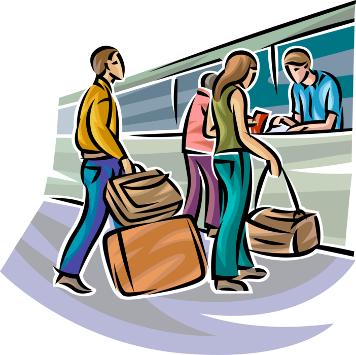 Vector Illustration of Air Travelers at Airport Departures Check-In with Luggage Baggage and Airline Tickets
