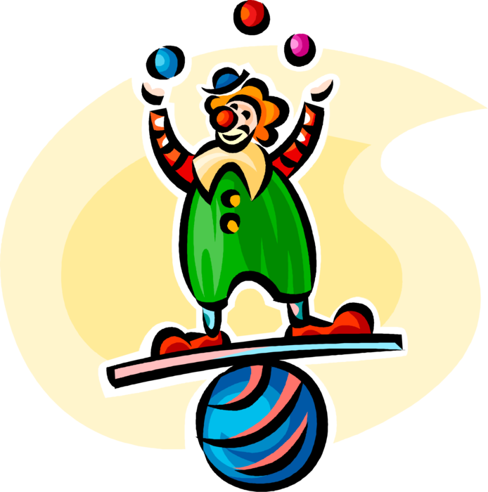 Vector Illustration of Carnival, Circus, or Amusement Park Clown Juggler Act Juggling Balls