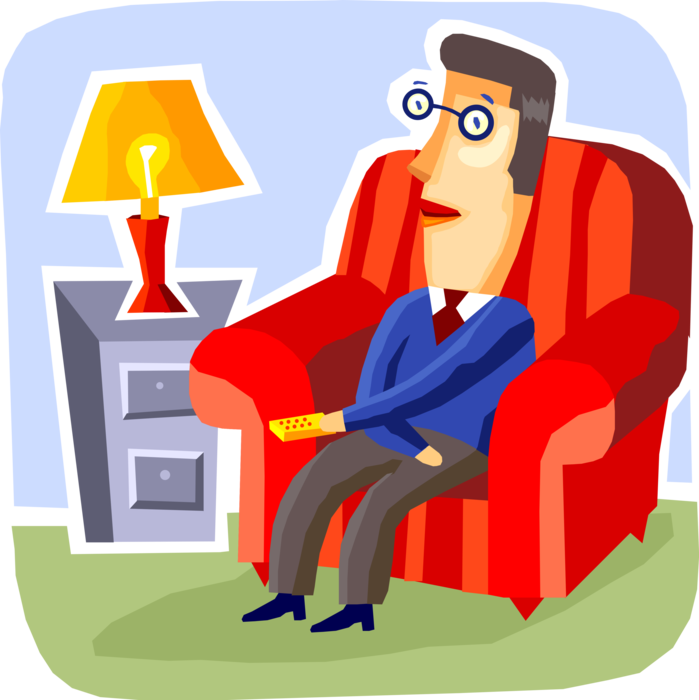 Vector Illustration of Businessman Relaxes in Comfortable Chair at Home After Workday Watching President Trump on Television