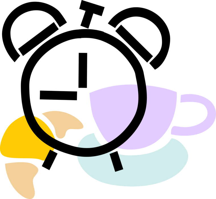 Vector Illustration of Alarm Clock, Cup of Coffee and Breakfast Pastry Croissant