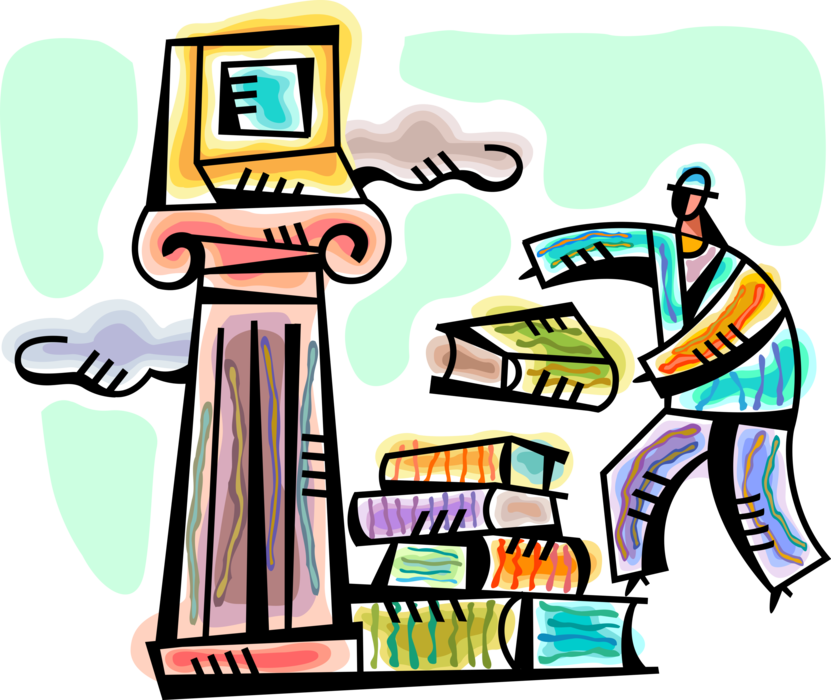 Vector Illustration of Attaining Wealth of Knowledge with Textbook Books and Computer Technology on Pedestal Column