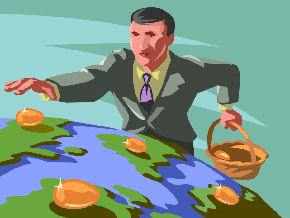 Vector Illustration of Businessman Collects Golden Nest Eggs in Basket from International Markets