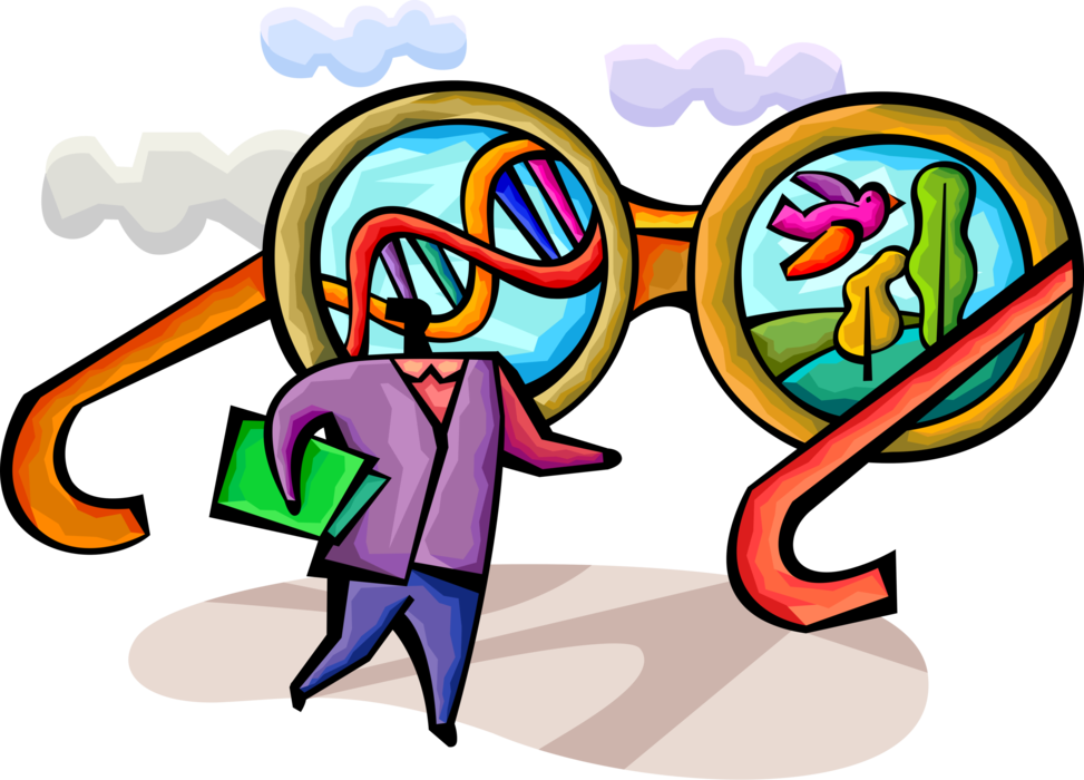 Vector Illustration of Molecular Biologist Studies DNA Molecule Carrying Genetic Instructions of Natural Environment Ecosystem 