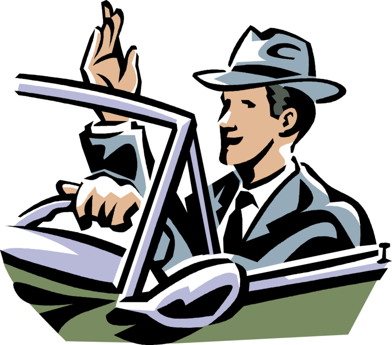 Vector Illustration of Businessman Drives Automobile Motor Vehicle Car and Waves with Hand