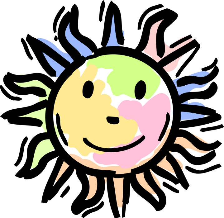 Vector Illustration of Anthropomorphic Smiling Sun with Sunshine Rays