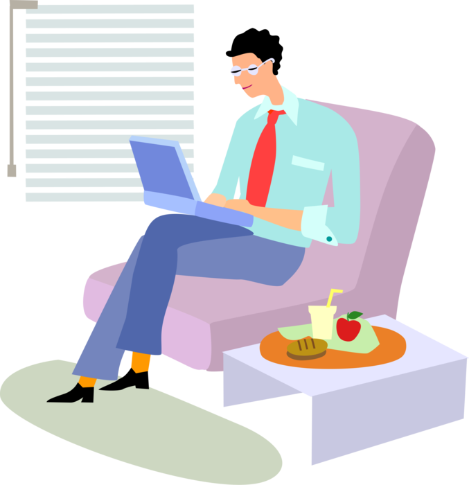 Vector Illustration of Businessman Works from Home on Comfortable Chair with Computer and Lunch Snack
