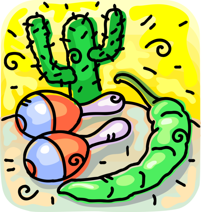 Vector Illustration of Latin Music Maracas or Rumba Shakers, Green Hot Chili Pepper and Desert Succulent Cactus