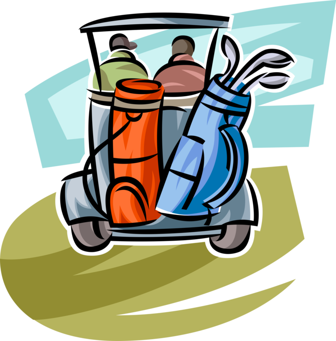 Vector Illustration of Golfers Ride Electric Golf Cart with Golf Clubs