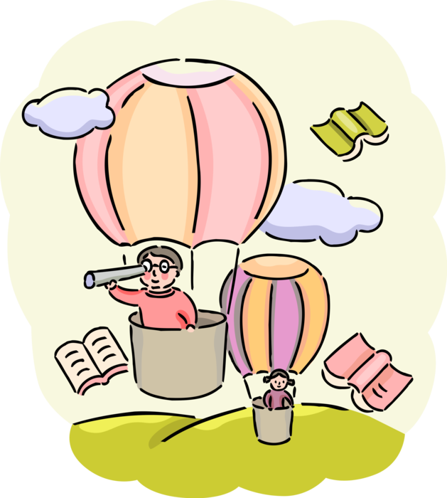 Vector Illustration of Academic Students Expand Their Knowledge and Explore the World in Hot Air Balloons with Library Books