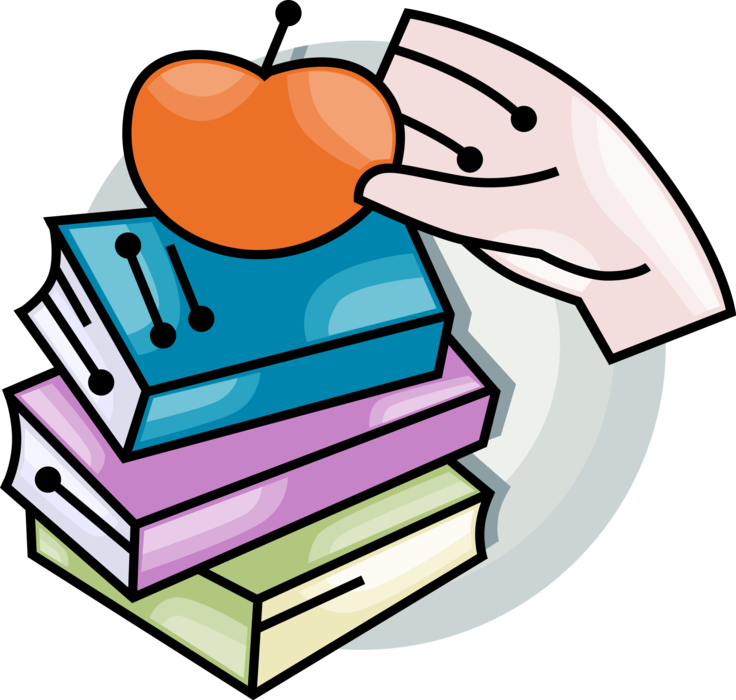 Vector Illustration of Hand Grabs Apple Symbol of Knowledge and Learning with Schoolbook Textbooks