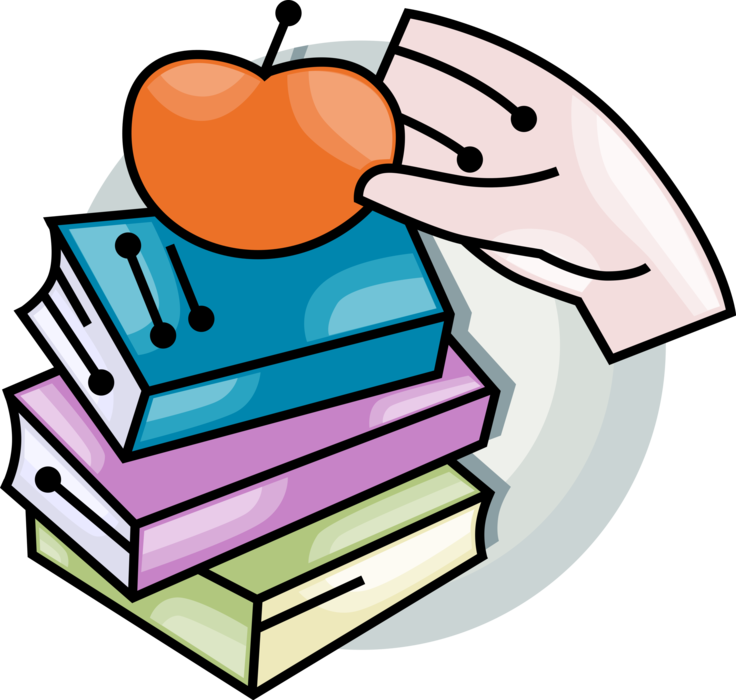 Vector Illustration of Hand Grabs Apple Symbol of Knowledge and Learning with Schoolbook Textbooks