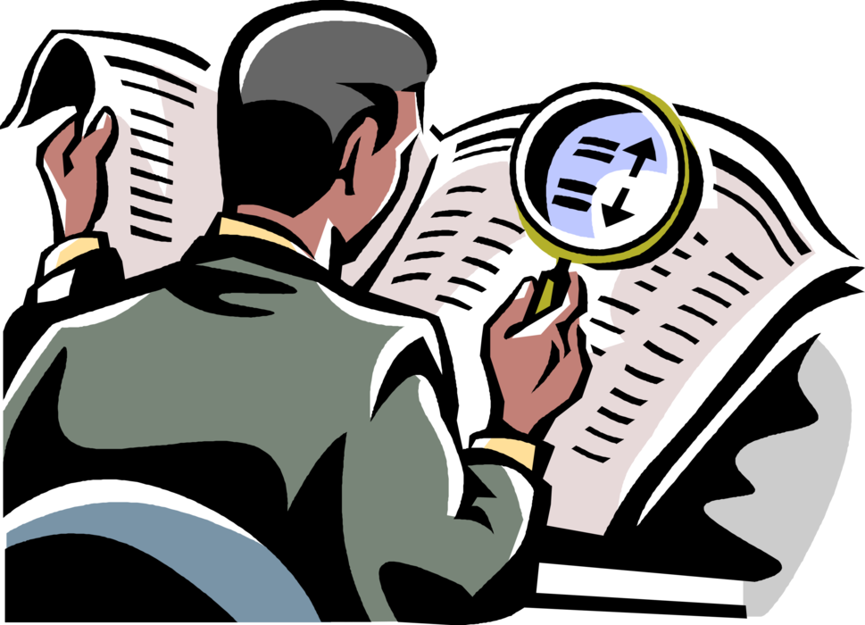 Vector Illustration of Businessman Reads Newspaper with Magnification Through Convex Lens Magnifying Glass