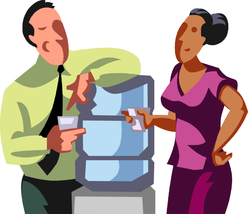 Vector Illustration of Office Workers Talk and Exchange Gossip and Lies at Water Cooler