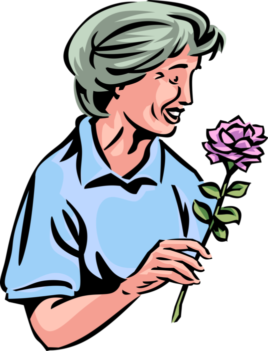 Vector Illustration of Retired Elderly Senior Citizen Gardener Stops to Smell the Rose Flower in Bloom