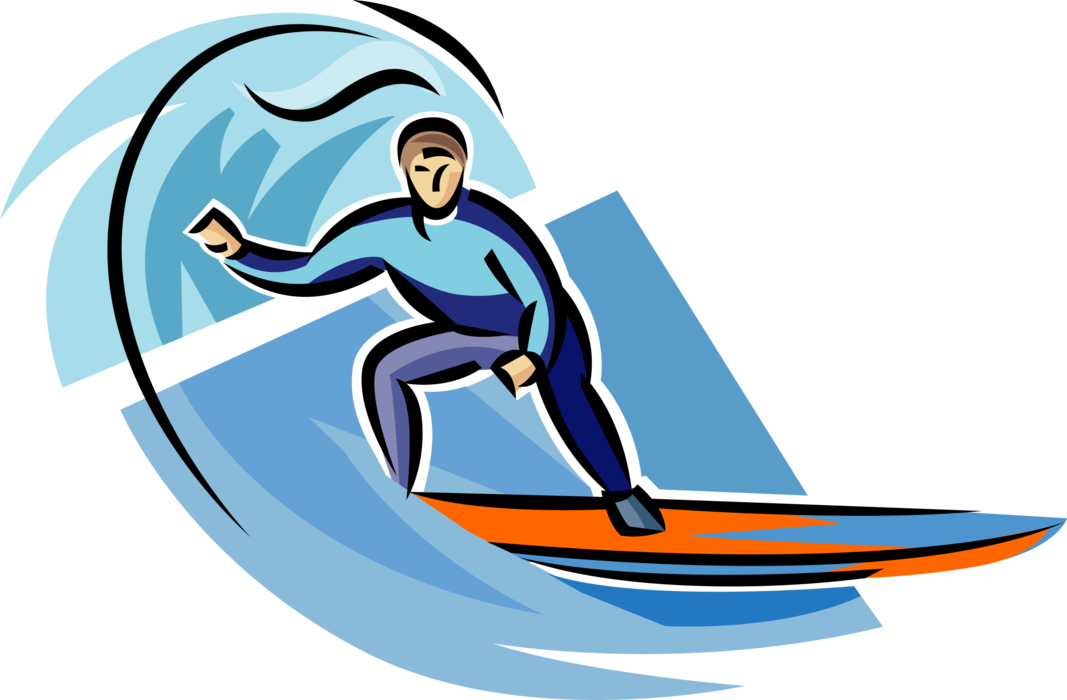 Vector Illustration of Surfer Surfing Large Wave on Surfboard