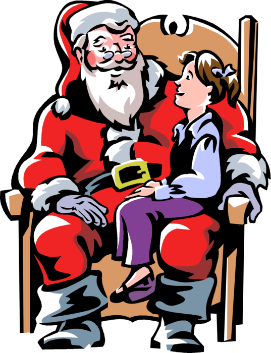 Vector Illustration of Child Sits on Santa Claus' Lap and Asks for Christmas Presents